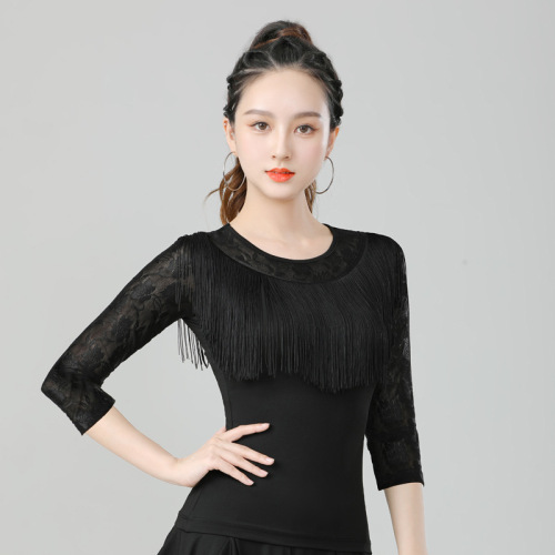 National Standard Latin Dance Uniform for Adult Women, New Style Square Dance Clothes, Modern Dance with Fringes, Practice Suit for Jitterbug Dance, Top