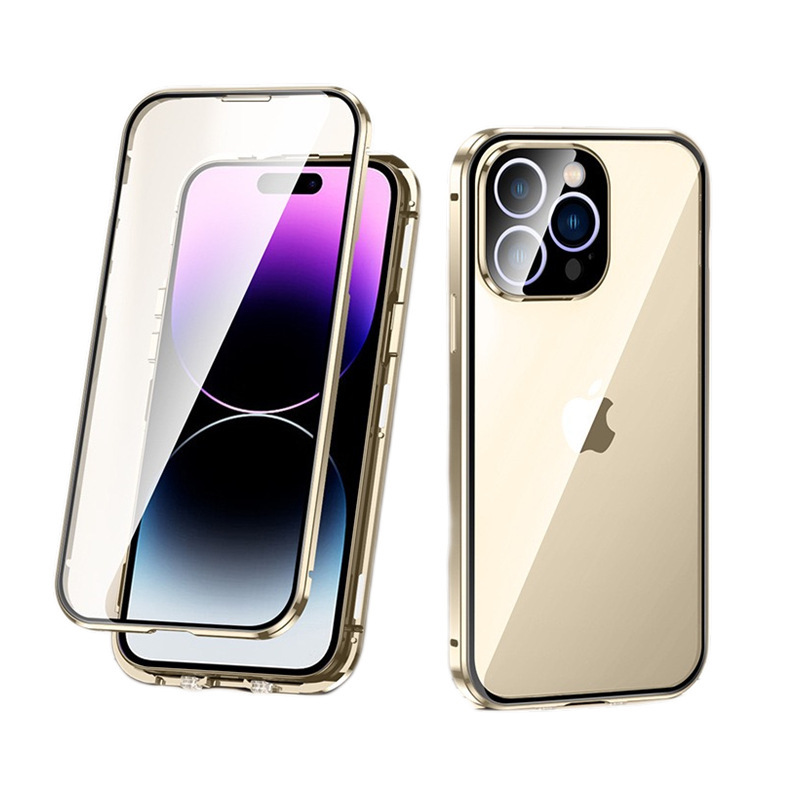 iPhone17用ケース、マグネット式、Apple 16対応、ダブルバックル、両面ガラス保護フィルム、メタル磁気吸着ケース|undefined