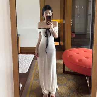法式白色一字肩连衣裙女夏季生日穿搭性感纯欲气质修身包臀长裙子