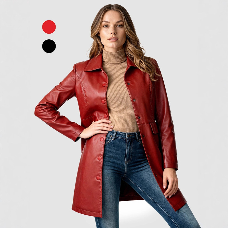 Cross-Border 2025 New Women's Pu Leather Jacket, Mid-Length, Turn-Down Collar, Thin Casual Slim Fit