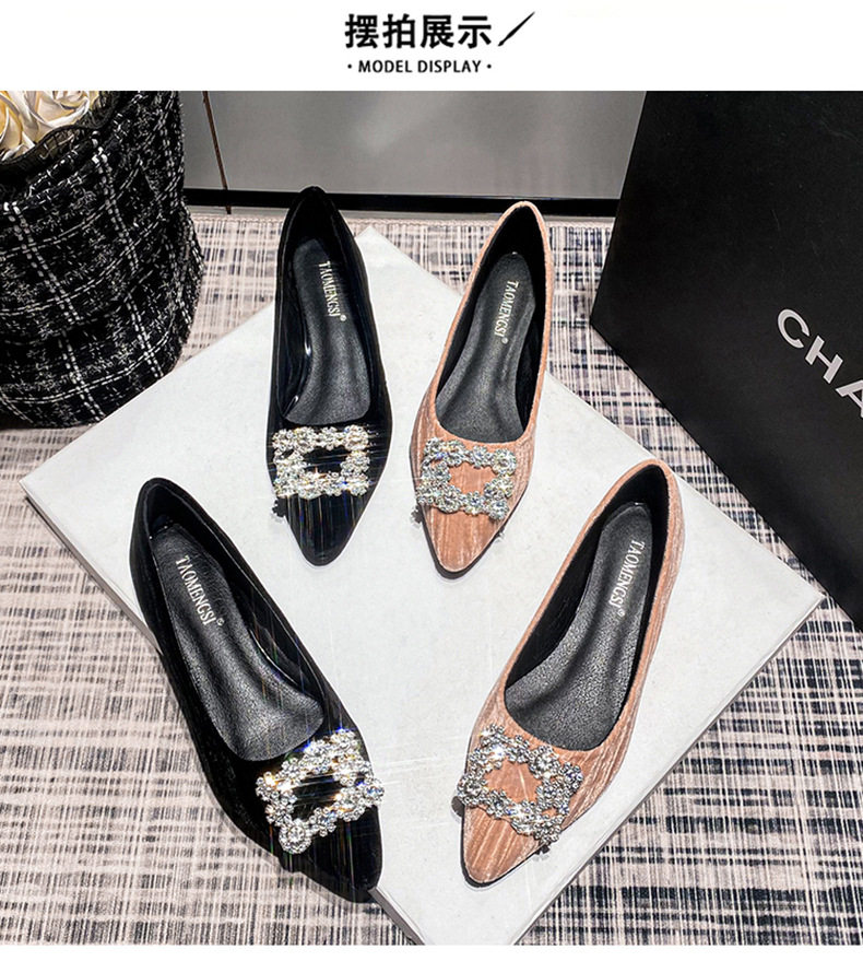 Giày búp bê nữ mũi nhọn nhung nhung Pháp khóa vuông đính đá, đế bằng, gót thấp 1–3 cm — Màu hồng (đáy phẳng), Màu đen (đế bằng) chi tiết 23