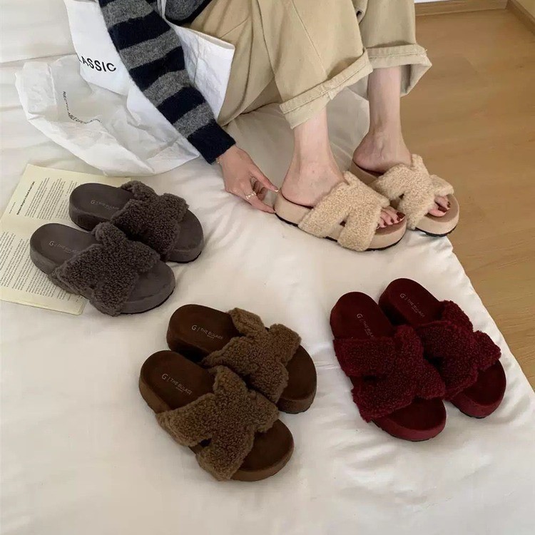 羊羔毛网红厚底毛毛拖鞋女外穿秋冬季2025新款名媛风休闲毛毛拖鞋|undefined