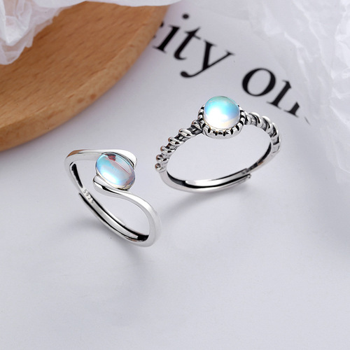 Yunchaoxuan S925 sterling silver Korean style ladylike spiral pattern ring with blue moonstone all-match open ring for women