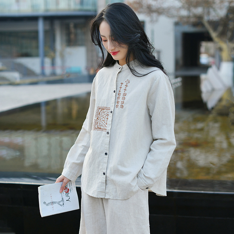 中国风复古刺绣棉麻衬衫女春秋文艺单排扣宽松质感长袖中长款衬衣|ru