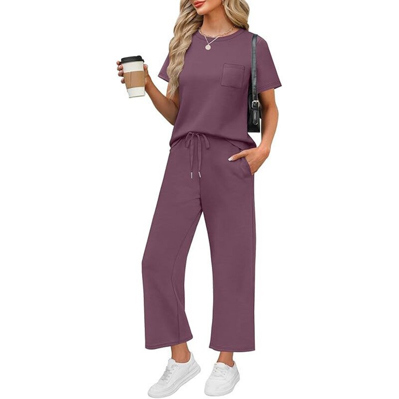 Cross-Border 2-Piece Set of Women's Fashionable Casual Summer Travel Vacation Clothing Short-Sleeved Wide-Leg Pants Suit European and American Style