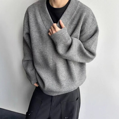 美式复古灰色v领毛衣男款冬季潮牌慵懒针织衫外套叠穿内搭打底衫