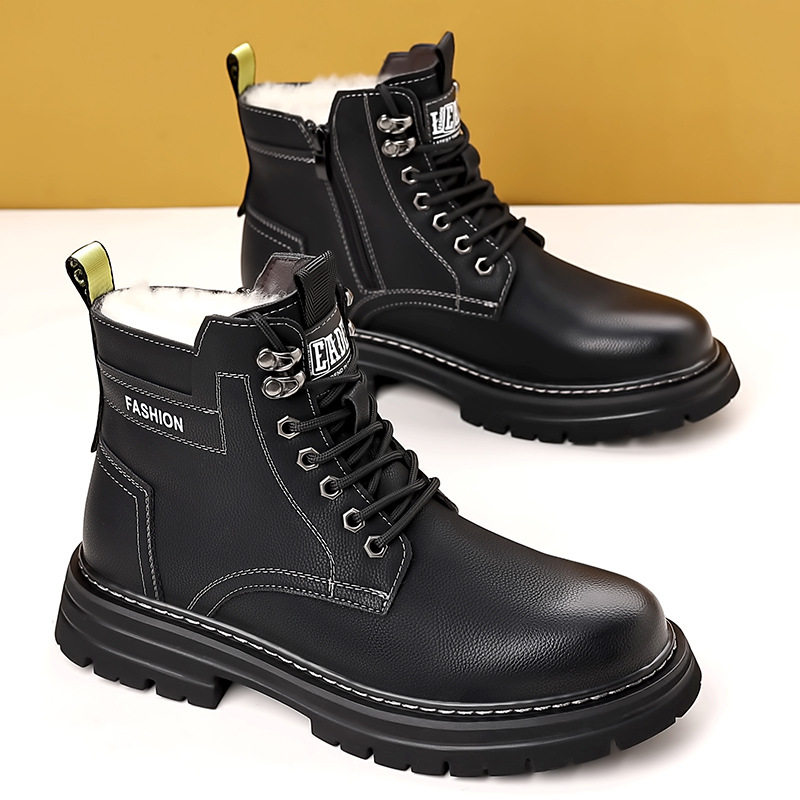Giày bốt nam cổ cao lót lông giữ ấm kiểu Martin, gót 3-5 cm — QS666 cộng với nhung đen