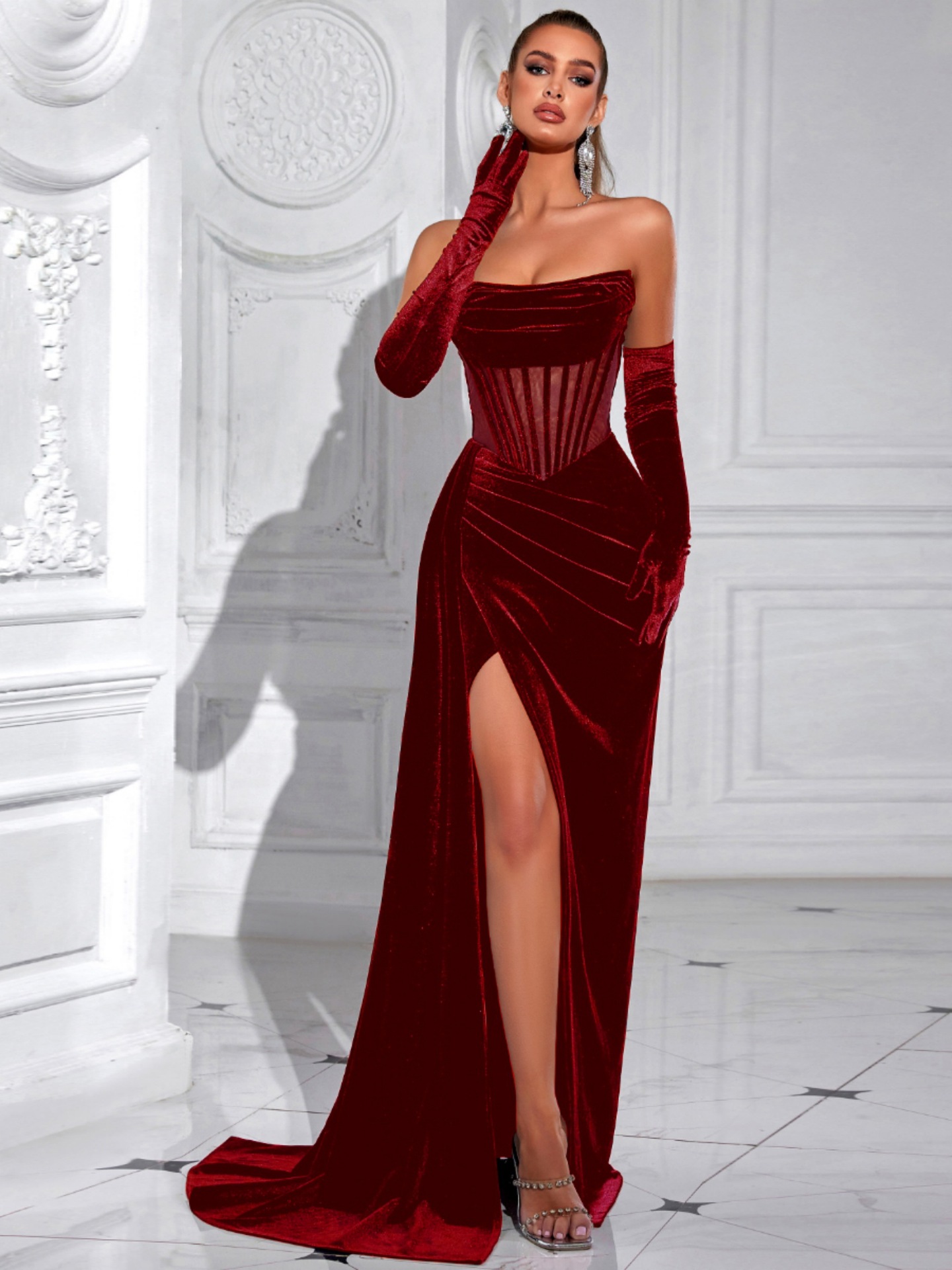 Nuevo vestido de terciopelo coreano transfronterizo sexy de hueso de pez, vestido de fiesta de pecho, vestido largo de alta gama al por mayor