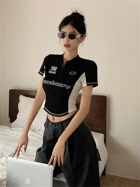 New Foreign Trade Cross-Border Functional Style Splicing Contrasting Color Versatile Short-Sleeved Summer Zipper Top Slim Fit Hot Girl