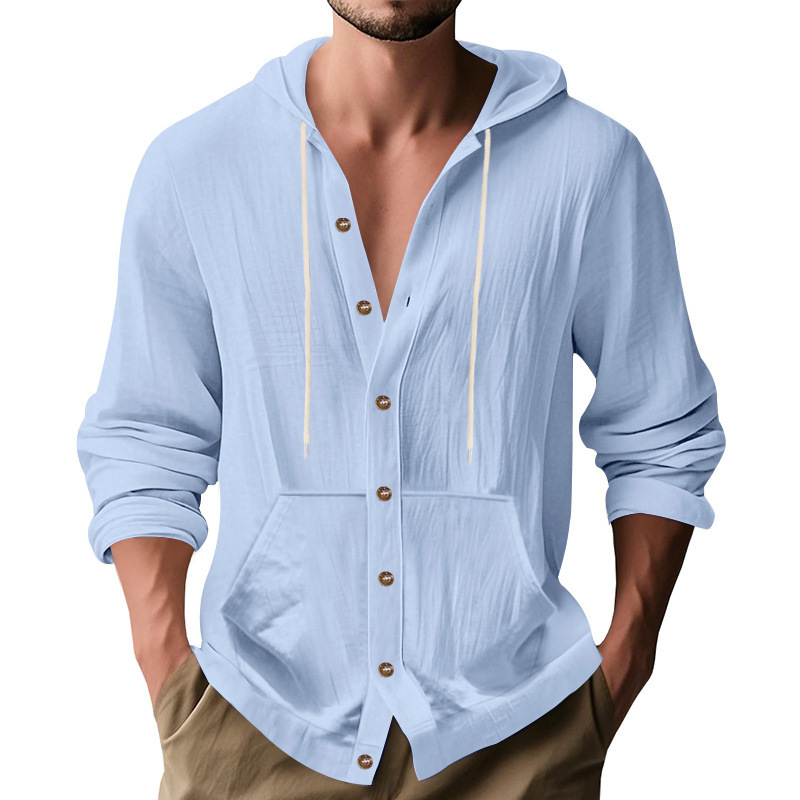 2026 Cross-Border Spring and Autumn Pocket Cotton-Linen Casual Long-Sleeve Hooded High-Quality Trendy Men's Shirt 2026 Cross-Border Spring and Autumn Pocket Cotton-Linen Casual Long-Sleeve Hooded High-Quality Trendy Men's Shirt