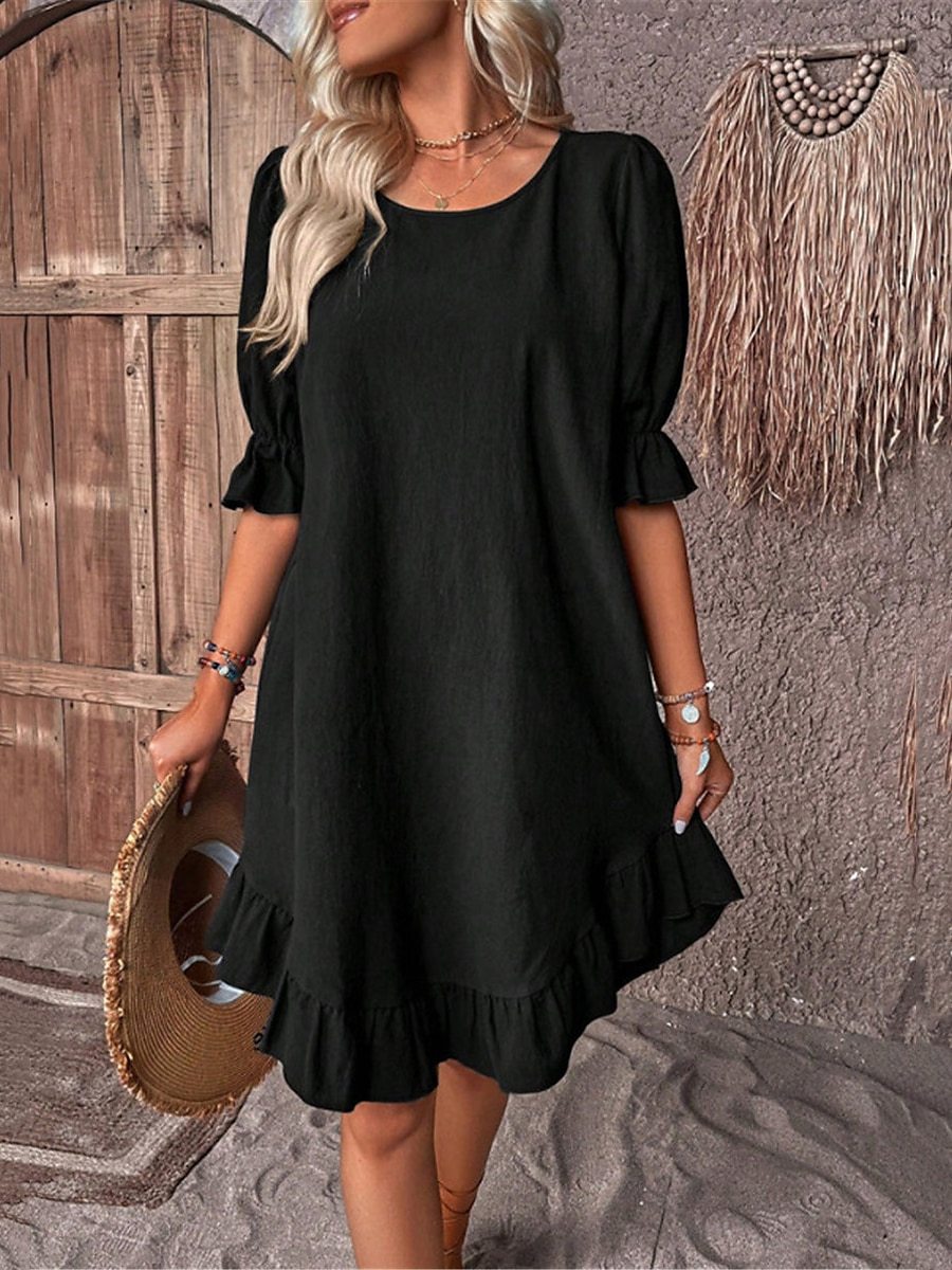Daily Occasion Wholesale Women's Simple Style Ruffles Solid Color Daily Round Neck Half Sleeve Regular Dress