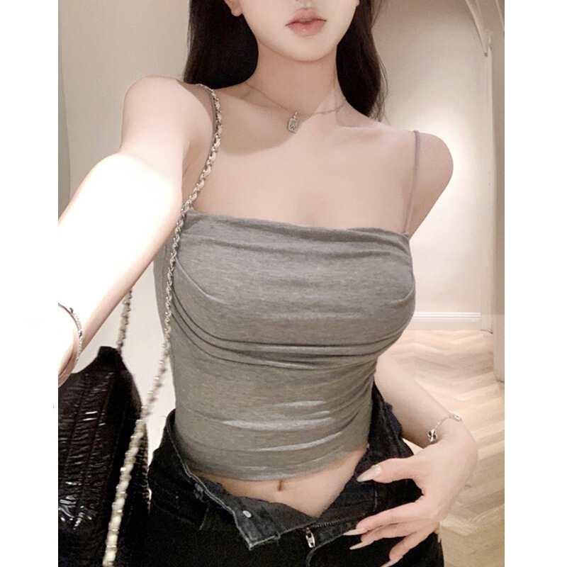 Pure Spice Girls Thin Camisole Vest Women's Summer 2024 New Style Short Sleeveless Top with Chest Pad Pleated Inner