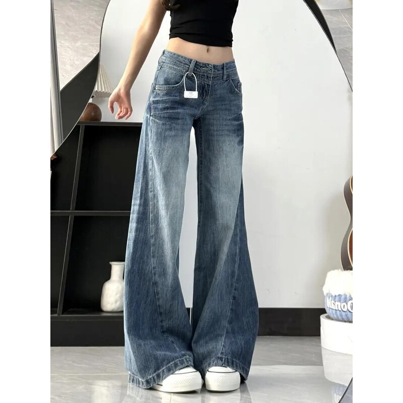 American Retro Washed Wide-Leg Flared Jeans for Women, New Style, Petite, Low-Waist, Loose Fit, Slimming Straight-Leg, Curved Pants American Retro Washed Wide-Leg Flared Jeans for Women, New Style, Petite, Low-Waist, Loose Fit, Slimming Straight-Leg, Curved Pants