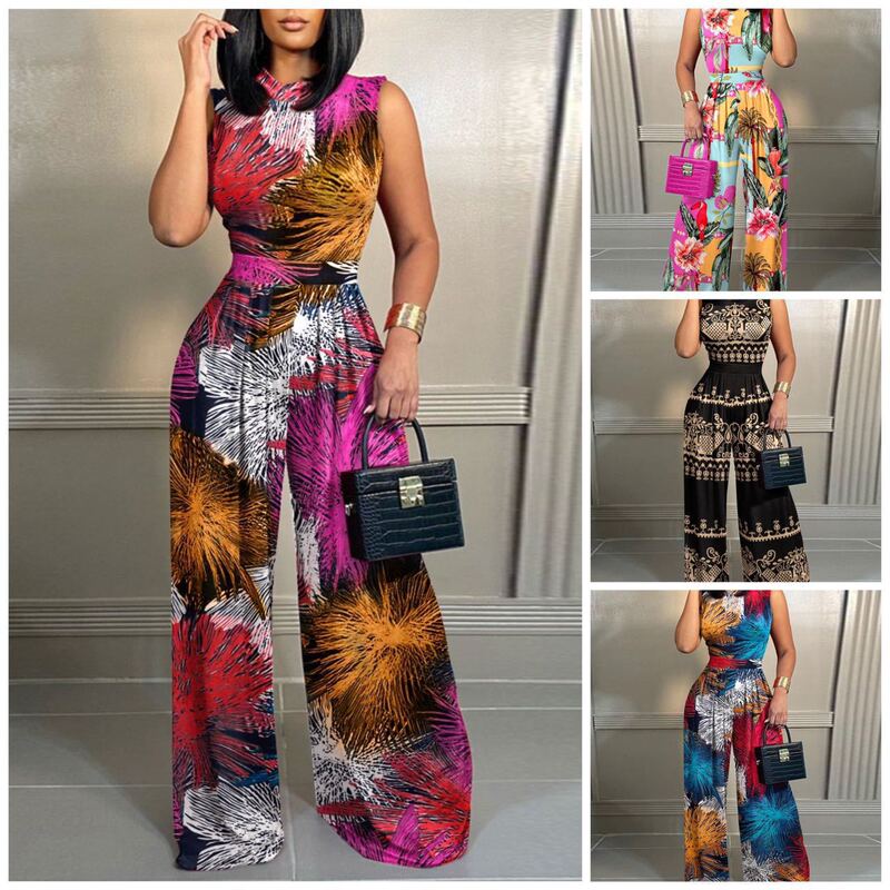 Foreign trade clothing Dongguan women's jumpsuit cross-border hot street fashion casual printing high waist sleeveless jumpsuit
