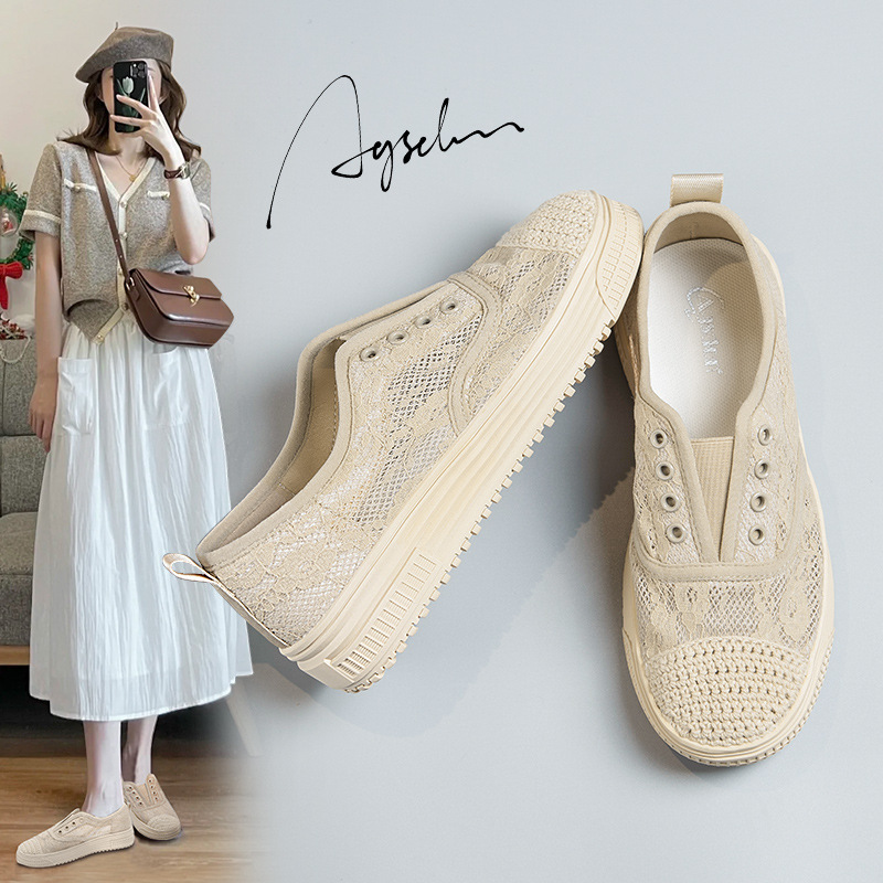 Augu Shiden Fisherman Shoes for Women 2026 New Summer Fashion Lace Woven Casual Shoes Slip-On Flats