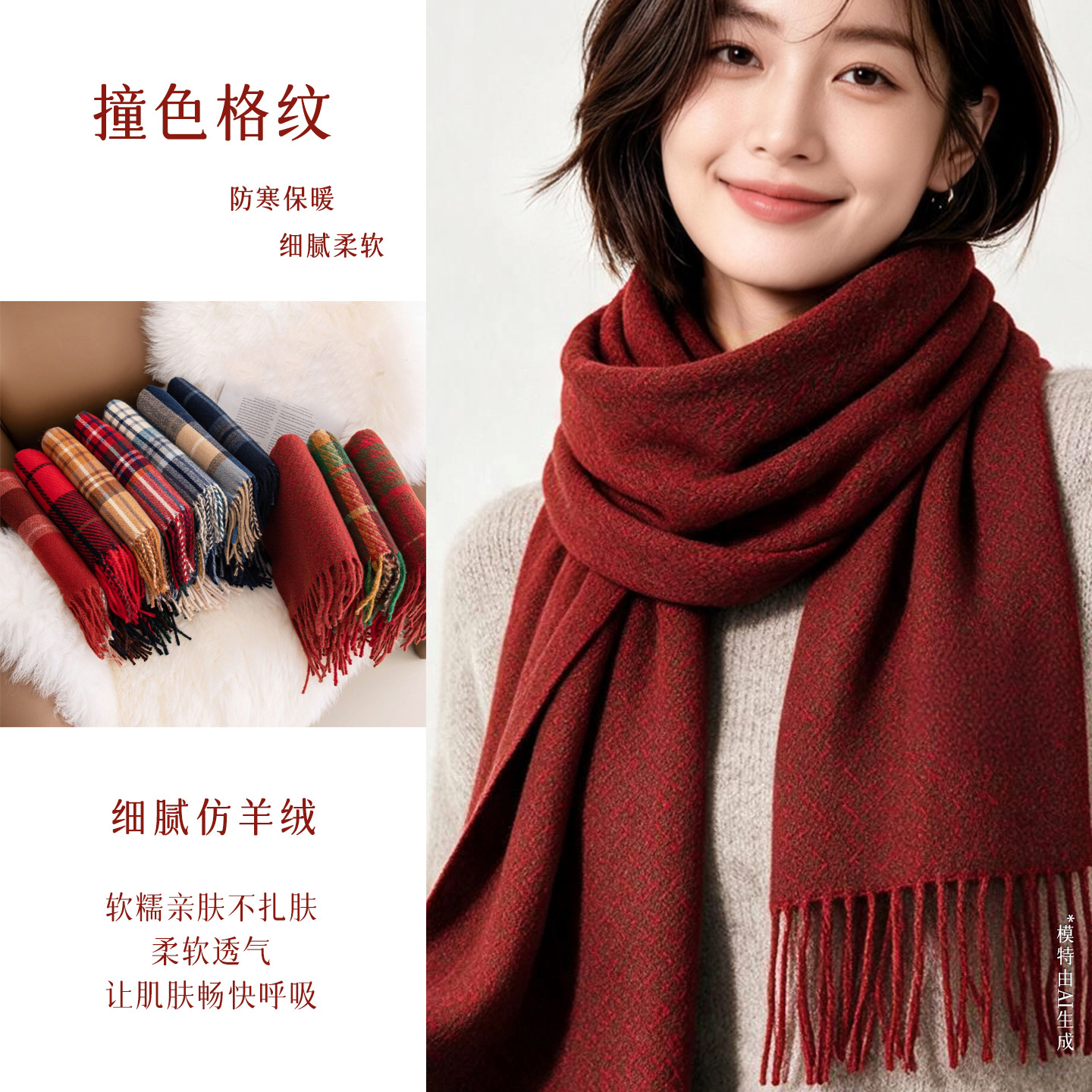 Cross-Border Red New Year Plaid Scarf for Women, High-End Atmosphere, Faux Cashmere, Winter Warm Shawl and Neck Warmer Wholesale