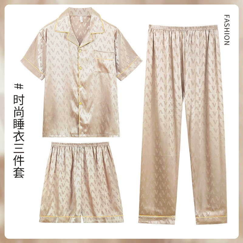 2024 Nuevos pijamas a cuadros de los hombres de verano Pantalones cortos de manga corta de seda de hielo traje de tres piezas de alta calidad ropa de hogar de seda real