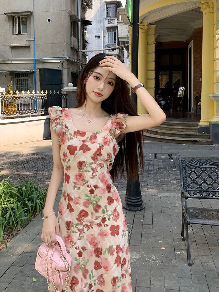 Váy liền thân nữ họa tiết hoa, tay ngắn, lưng trần, eo thon, dài trung bình — đen chi tiết 12