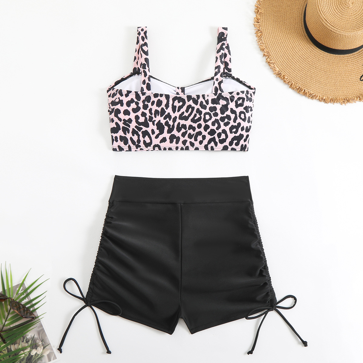 Women's Conservative Sporty Swimsuit 2025 European American New Style Printed Vest High Waisted Shorts Drawstring Cross Border Foreign Trade_ecoleips.com