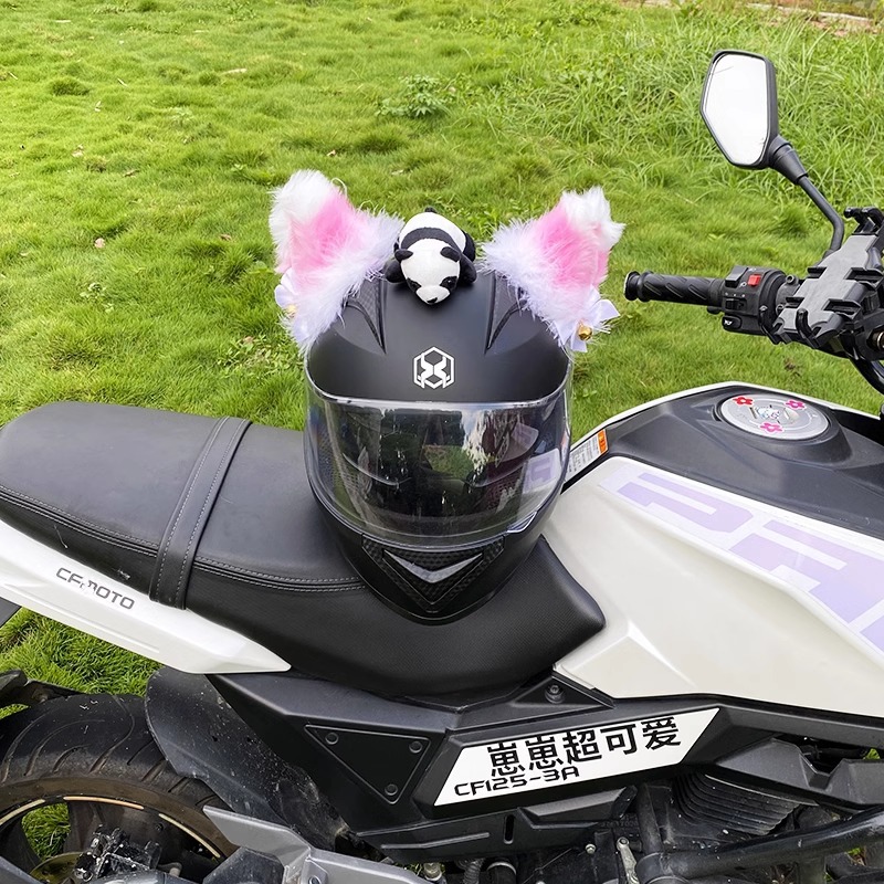 Universal Motorcycle Helmet Decoration Detachable Plush Pink Cat Ears (Auto Parts and Accessories) - white-plush-pink-cat-ears-no-tail-no-panda-no-helmet