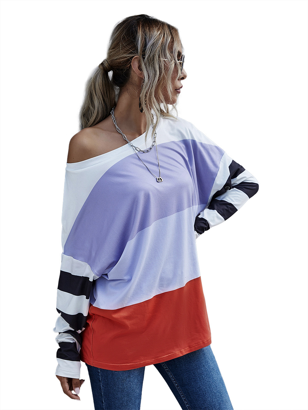 new splicing solid color casual loose fashion T-shirt NSDF22954