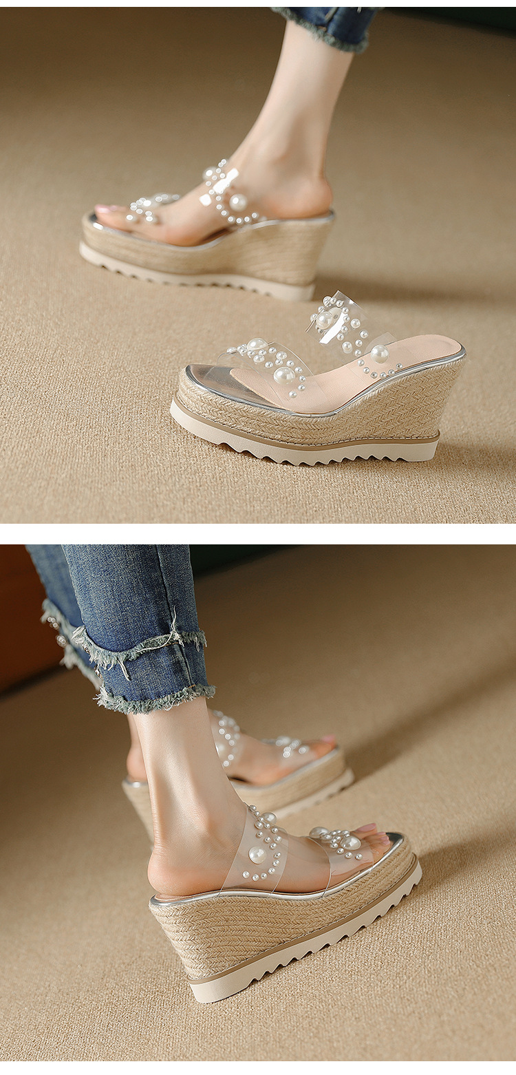 Dép sandal nữ quai chữ V đế xuồng cao gót trong suốt mũi vuông hở ngón kèm ngọc trai — bạc chi tiết 5