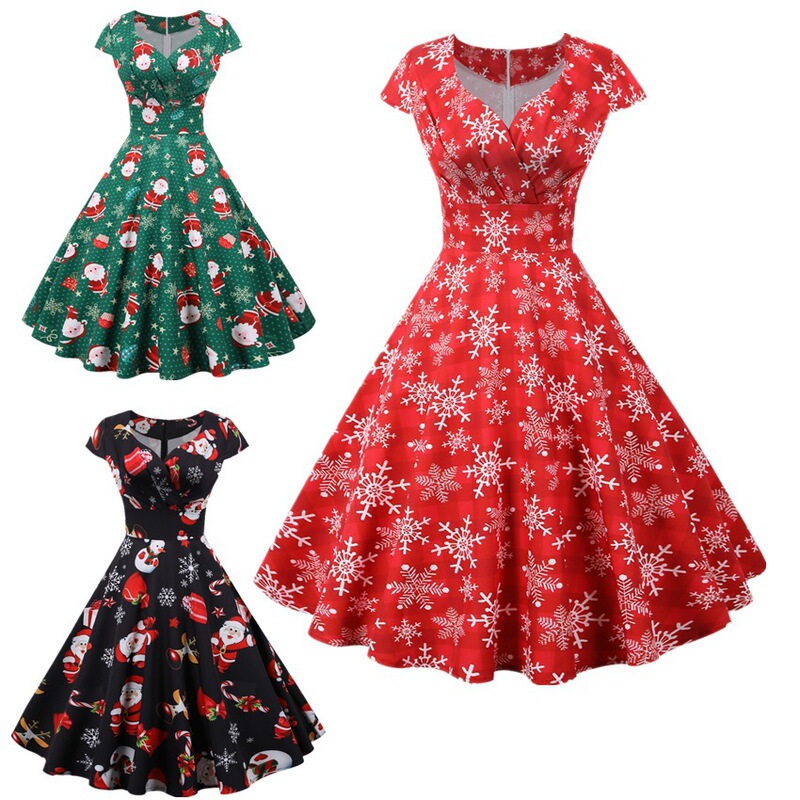 European and American New Christmas Digital Printing V-neck Fashion dress Four Seasons Fashion Fresh Sweet Long Dress