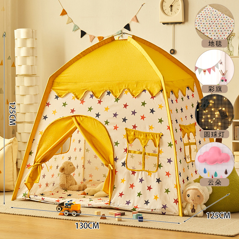 Estrellas amarillas + alfombra + Bunting + luces de estrellas + nubes