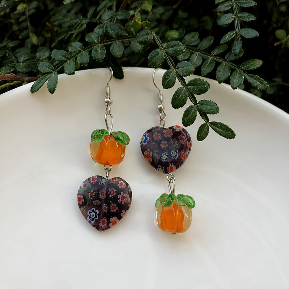 15g Weight Alloy Ear Needle Material Drop Earrings Classification 1 Pair Quantity Daily Occasion Glass, Metal Material Persimmon, Heart Shape, Flower Pattern All Seasons Season Women's Gender Polished Finish Asymmetrical Design Cute Style 1 Pair Cute Persimmon Heart Shape Flower Asymmetrical Glass Metal Drop Earrings 2