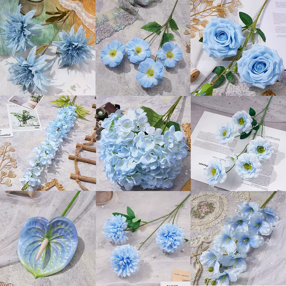仿真花蓝色插花婚礼装饰路引花假花束婚庆地排花束莫奈花园之窗