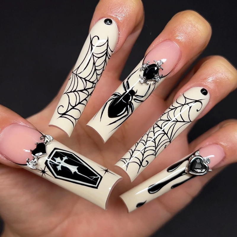 Cross-Border Wearable Nail Stickers Halloween Manicure Spider Web Black Rhinestone Manicure Pieces Manicure Finished Nail Pieces
