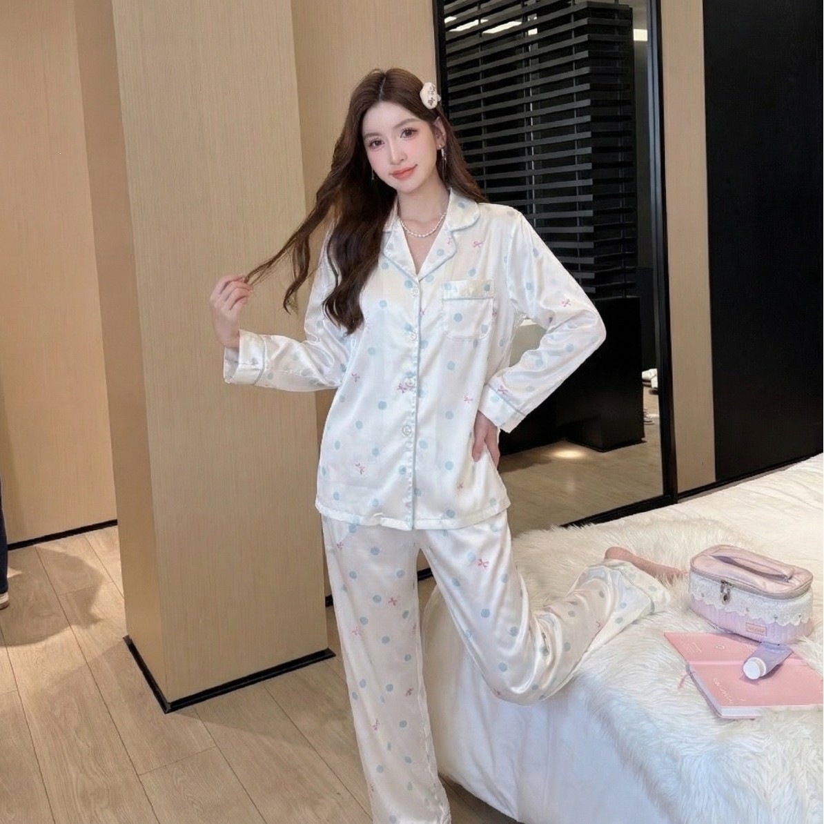 新款睡衣女长袖长裤夏季波点春秋卡通甜美高级感薄款家居服套装