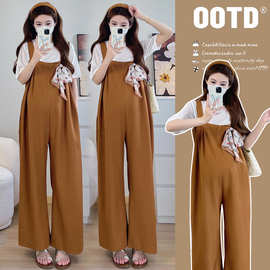 2025夏季孕妇防晒短袖+超薄背带裤孕妇显瘦休闲两件套套装