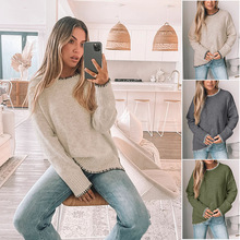 亚马逊欧美跨境秋冬新款圆领休闲长袖毛衣纯色百搭开叉套头毛衣