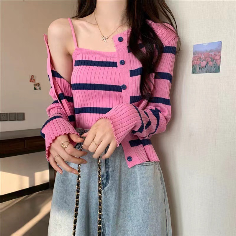 81g Weight Long Sleeve Sleeve Length Single Breasted Placket Type Ice Silk, Polyester Fabric Type Short Top Length Knitwear Tops Type Daily Occasion Round Neck Neckline Slim Fit Type Stripe Pattern Spring, Autumn Season Women's Gender Casual Style Wholesale Women's Ice Silk Polyester Casual Stripe Long Sleeve Sweaters & Cardigans 18