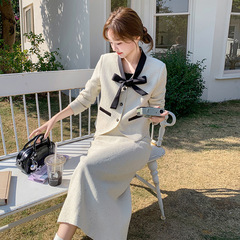 米白色蝴蝶结小香风套装裙女2025秋季法式高级感气质半身裙两件套