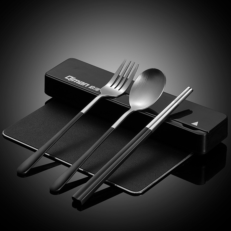 OQ5 M304 Stainless Steel Portable Chopsticks Spoon Single Set Three-piece Travel Tableware Storage Box Student