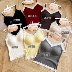 6650#秋冬款无痕暖氧珍珠绒蕾丝拼接撞色吊带背心自带一体式胸垫