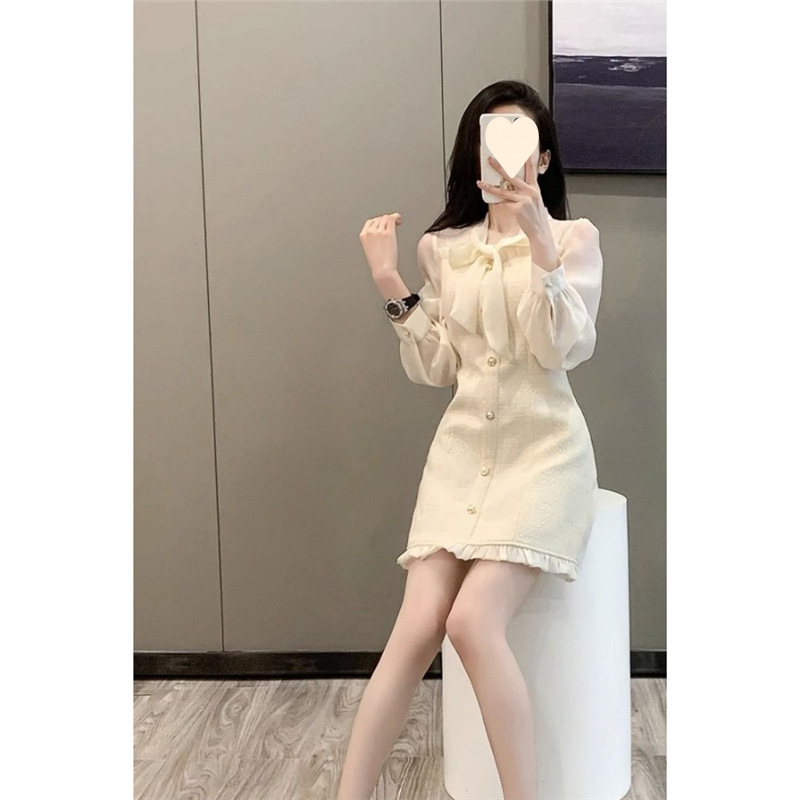 法式小香风连衣裙女杏色2023秋冬新款高级感名媛风百褶小众设计感