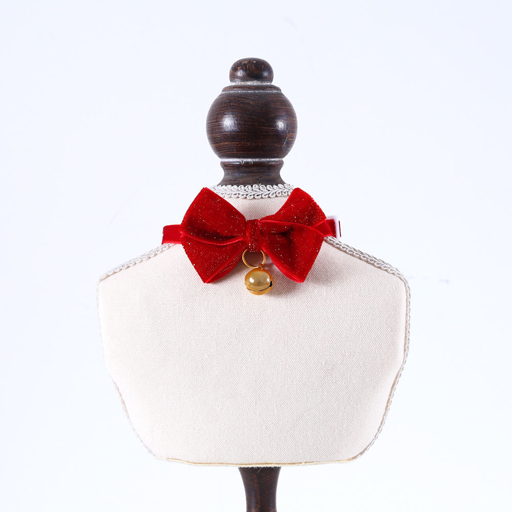 Mascotas gatos Teddy Bear Perro arco de alambre de oro campana de terciopelo ajustable imitación collar de asfixia Año Nuevo Navidad
