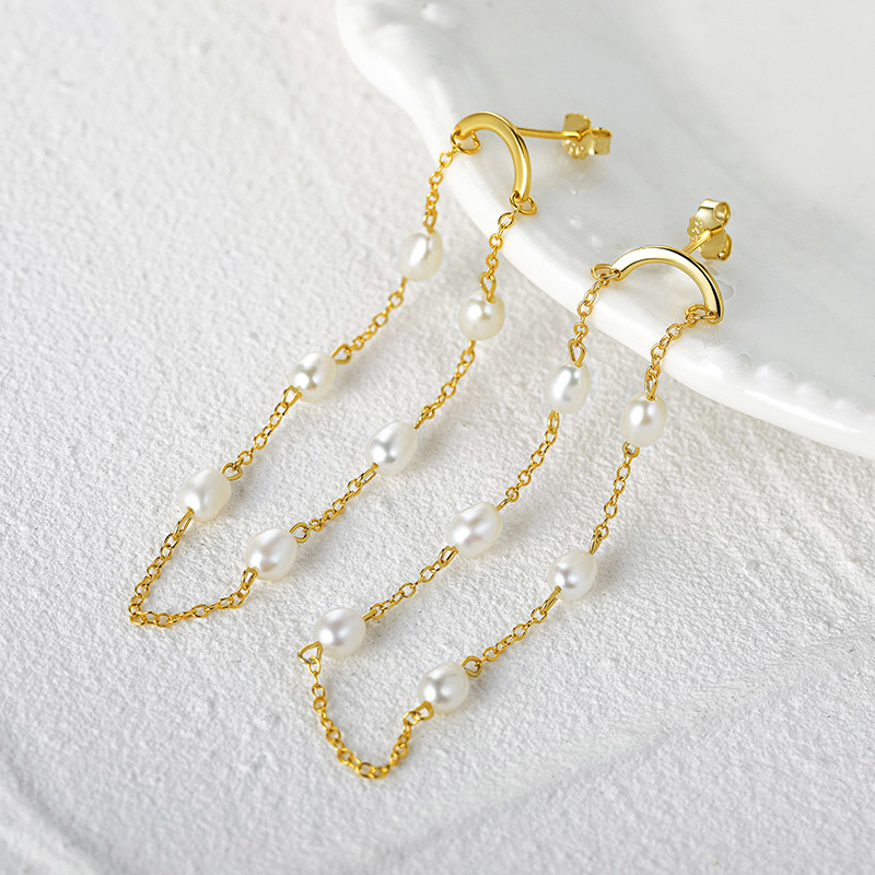 Fashion Geometric Sterling Silver Drop Earrings Tassel Plating Artificial Pearls 925 Silver Earrings