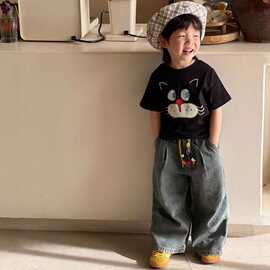 儿童短袖T恤夏装卡通新款男童猫咪印花透气童装夏季宝宝黑色上衣