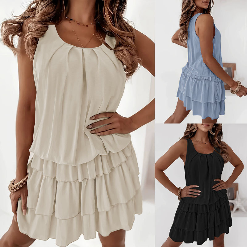 Independent Brand European and American Plus-Size Foreign Trade Spring/Summer U-Neck Tiered Dress with Multiple Layers of Ruffles, Sleeveless Dress for Women Independent Brand European and American Plus-Size Foreign Trade Spring/Summer U-Neck Tiered Dress with Multiple Layers of Ruffles, Sleeveless Dress for Women