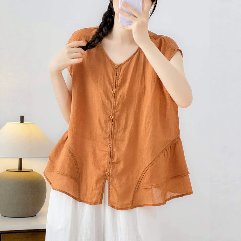 Guka Apparel 2026 Summer New Women's Ramie Top Solid Color Lightweight Artistic Patchwork Shirt with Sleeves Guka Apparel 2026 Summer New Women's Ramie Top Solid Color Lightweight Artistic Patchwork Shirt with Sleeves