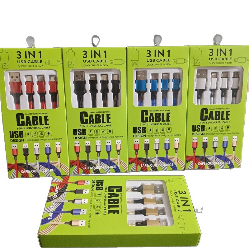 Trenzando un cable de datos de teléfono móvil de tres tiros 2A carga rápida 3 en 1 cable de carga de teléfono móvil logotipo pequeño regalo al por mayor