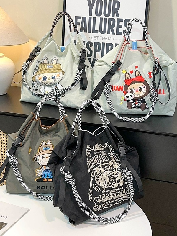 夏季新款日系刺绣labubu可爱单肩斜挎包托特包尼龙环保购物袋女包|undefined