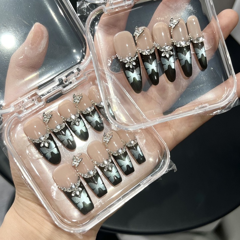 Mudie 純粋な手作りの光療法ウェアラブルネイル、キャットアイバタフライフレンチマニキュア、ダイヤモンドがちりばめられたライトラグジュアリーハイエンドウェアラブルネイル|undefined