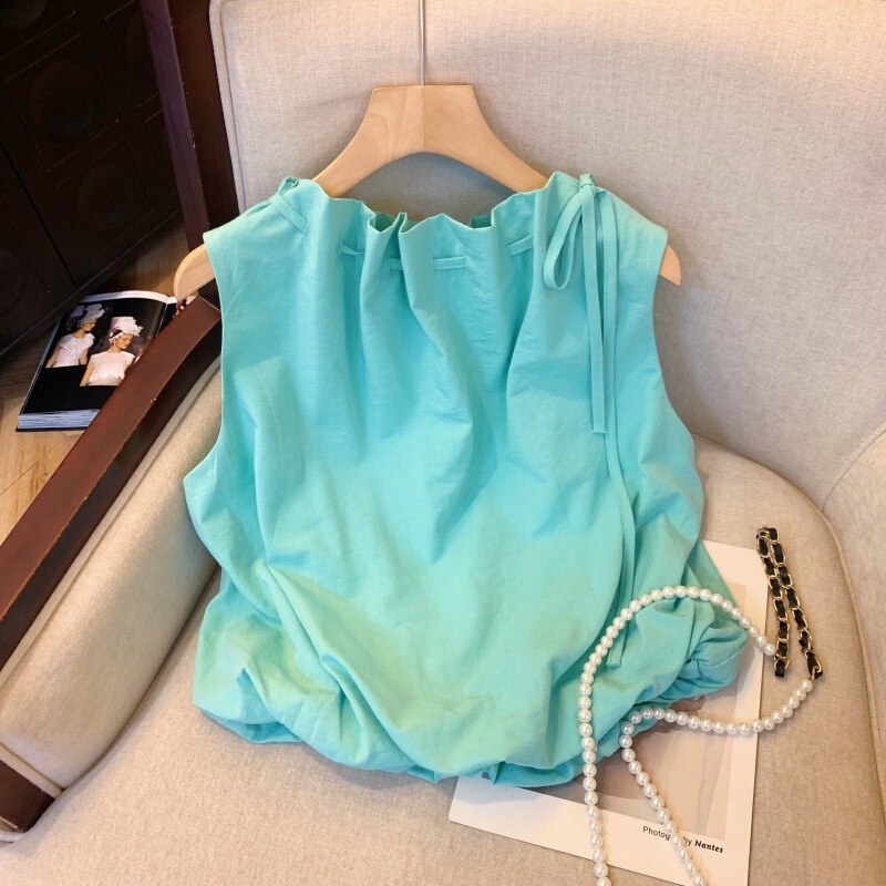 Real Shot Korean Style Lace-up Collar Gentle All-match Short Flower Bud Sleeveless Top Small Small Shirt with Rope