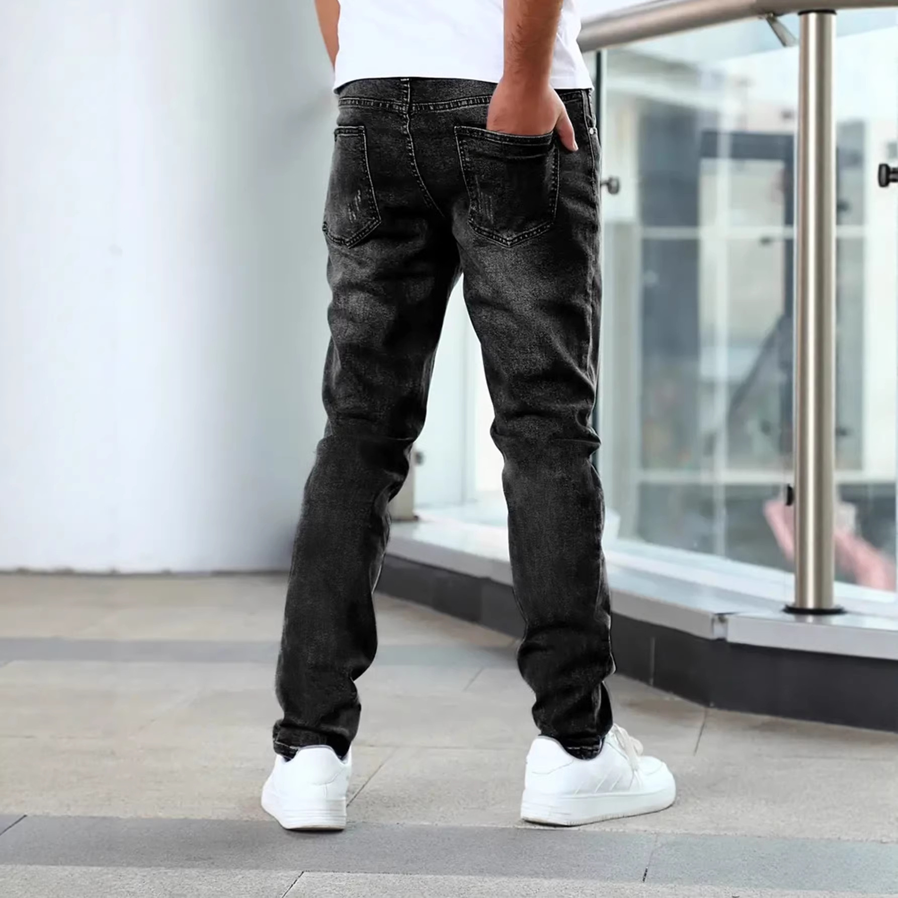 Men's Slim Fit Stretch Denim Jeans Black Midweight Skinny Pants All Seasons Simple Design Mid Waist Cropped Length_voghion.com
