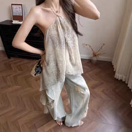 春夏新款 度假高级感轻透露背挂脖豹纹印花飘逸上衣女